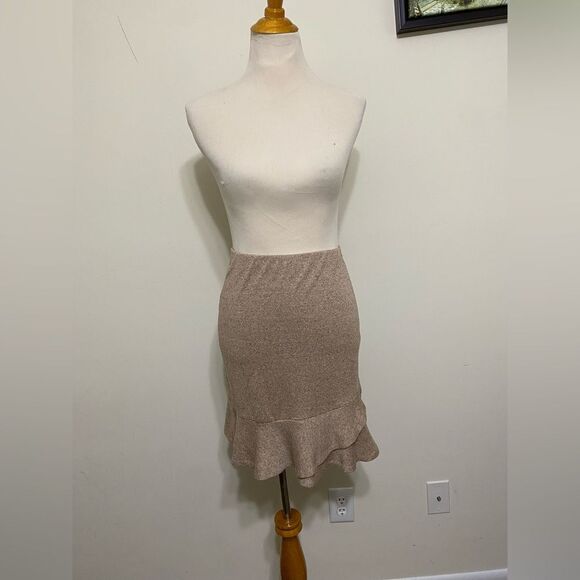 Express Tweed Texture Skirt Ruffle Peplum Hem Pull On Stretch Tan Brown size XS - Picture 5 of 16